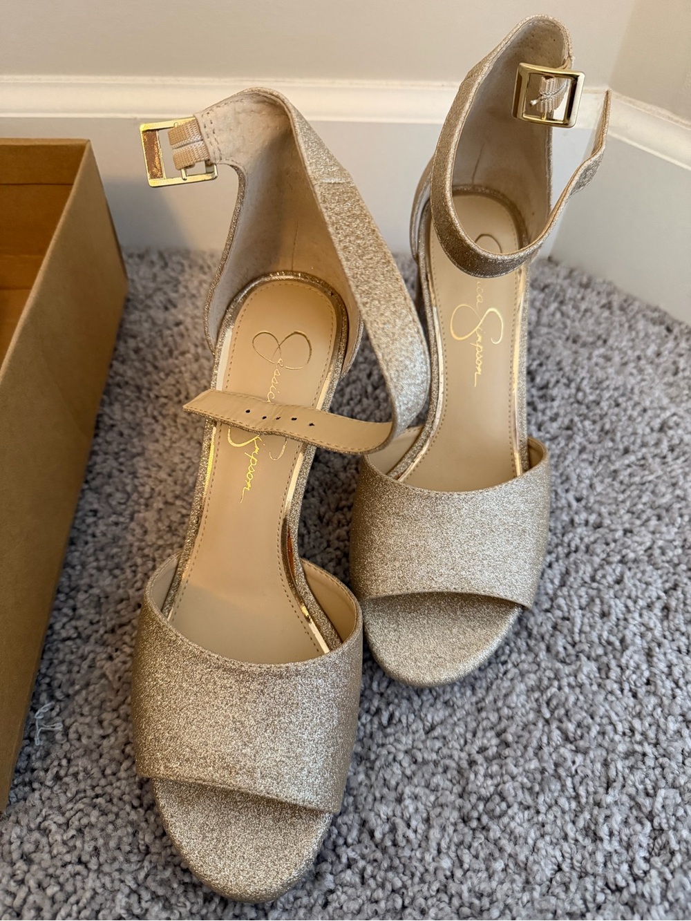 Jessica Simpson Gold Glitter Ankle-Strap Heels